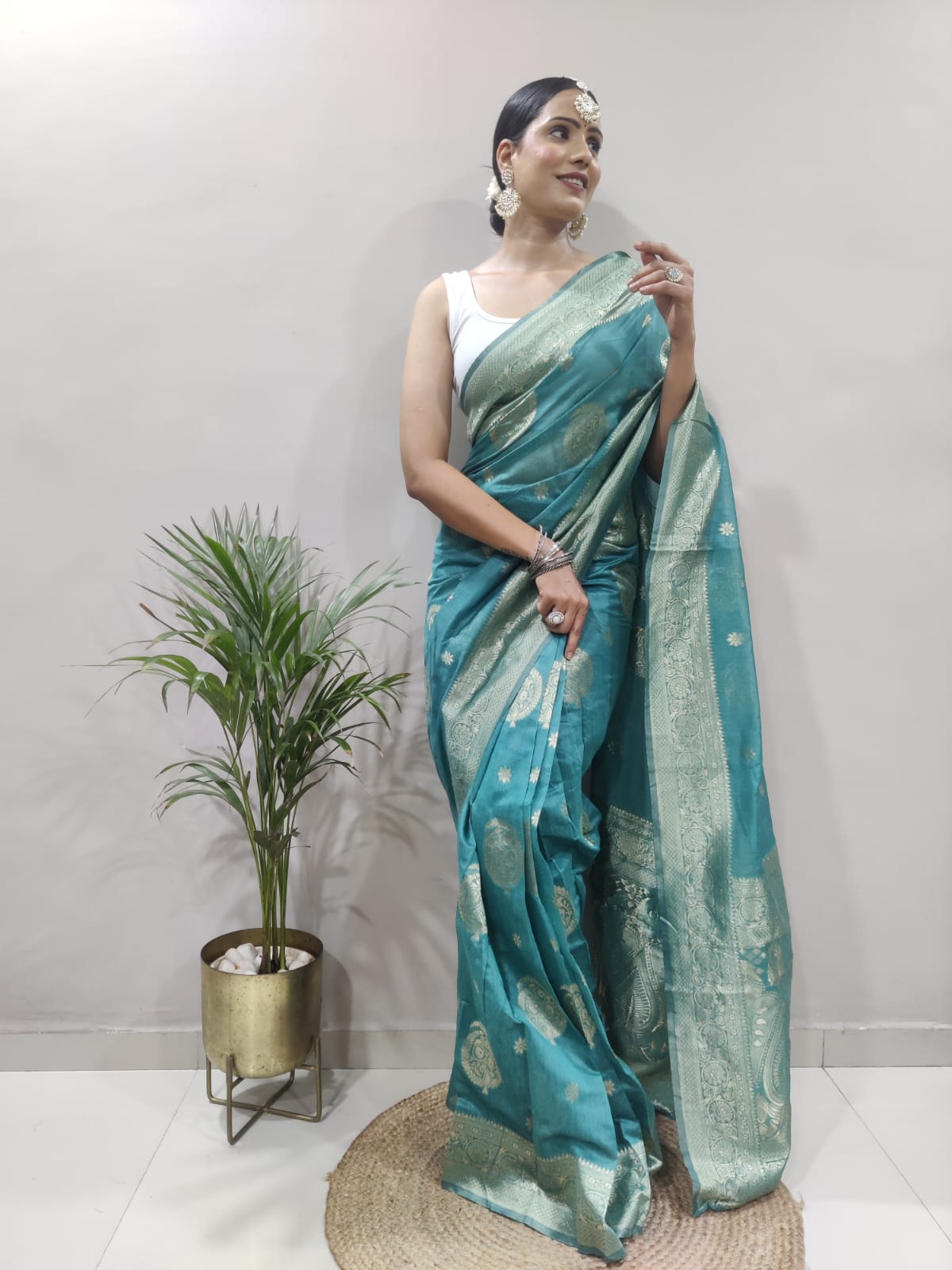 Teal Blue Ready To Wear Copper Jari Design Saree