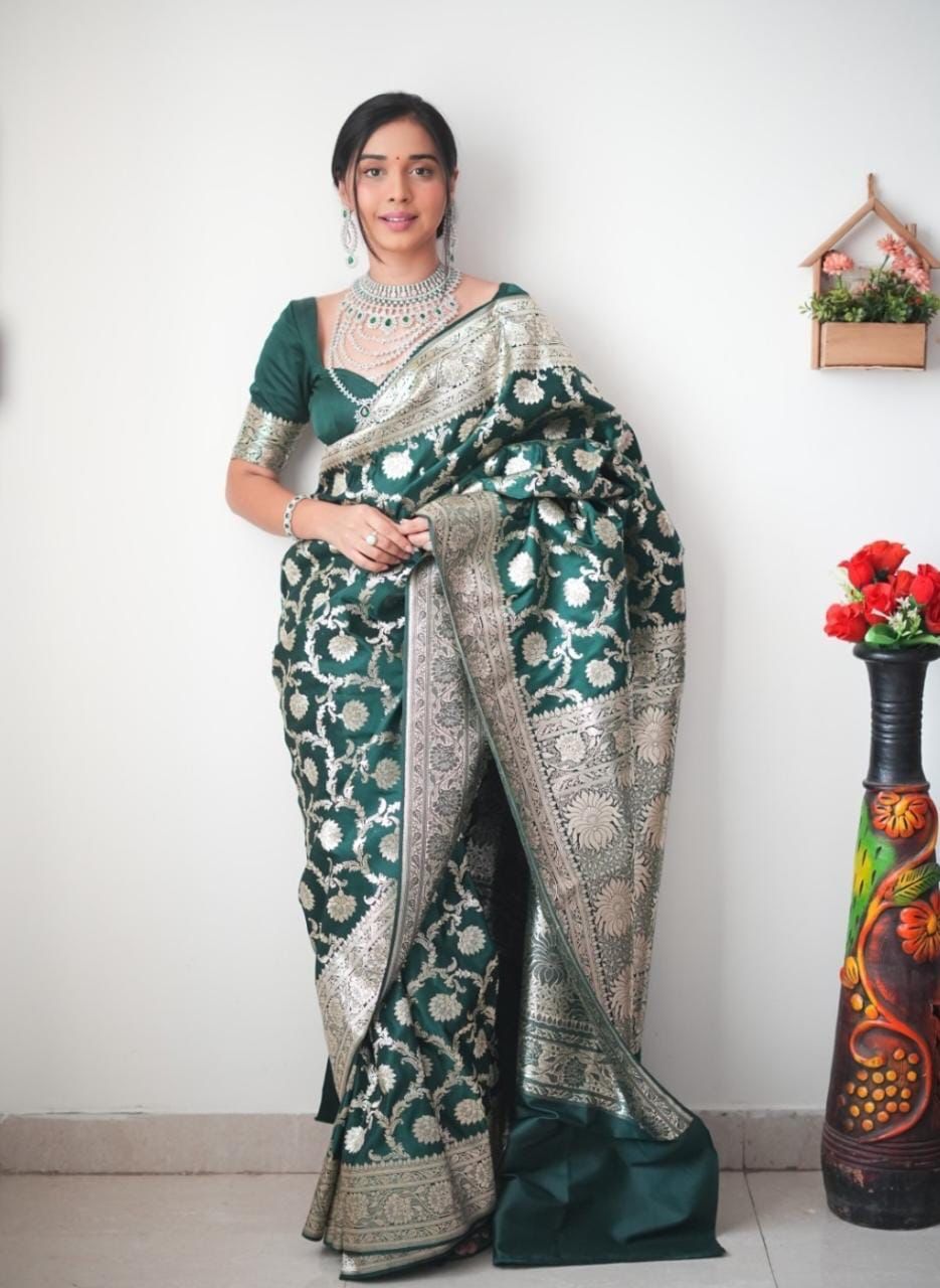 Green Ready To Wear Banarasi Silk Silver Border Saree