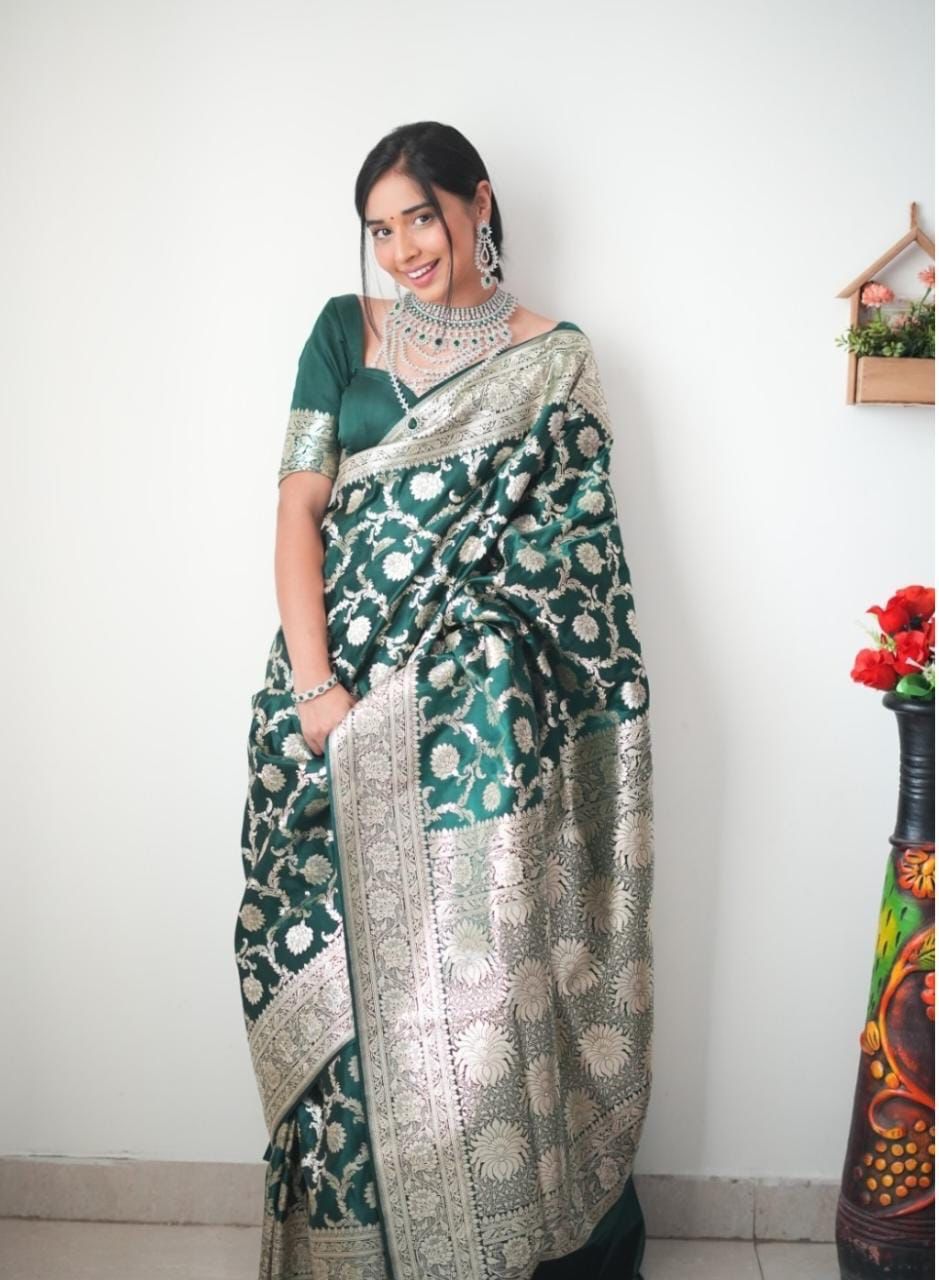 Green Ready To Wear Banarasi Silk Silver Border Saree