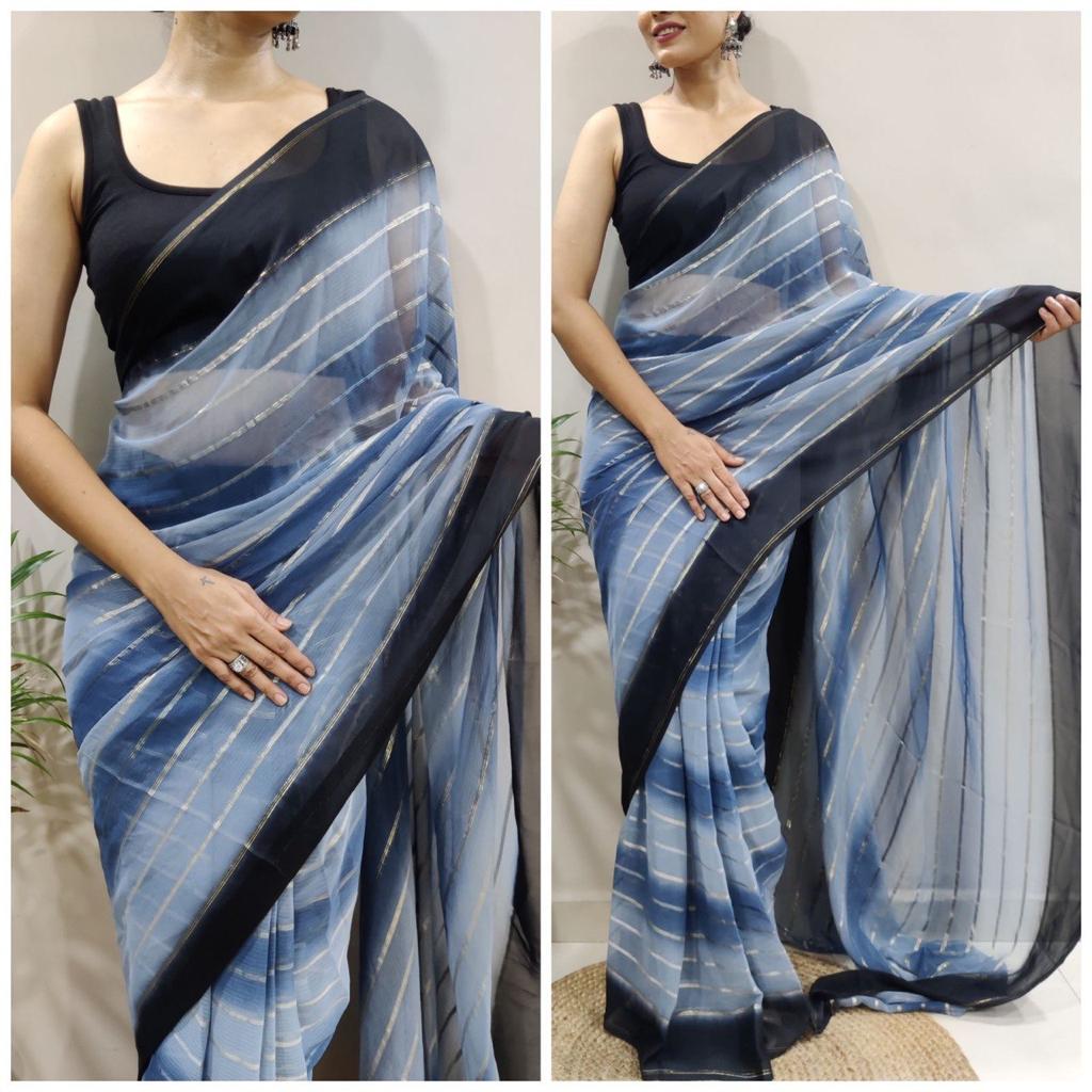 Striped Design Ready To Wear Gray Color Saree