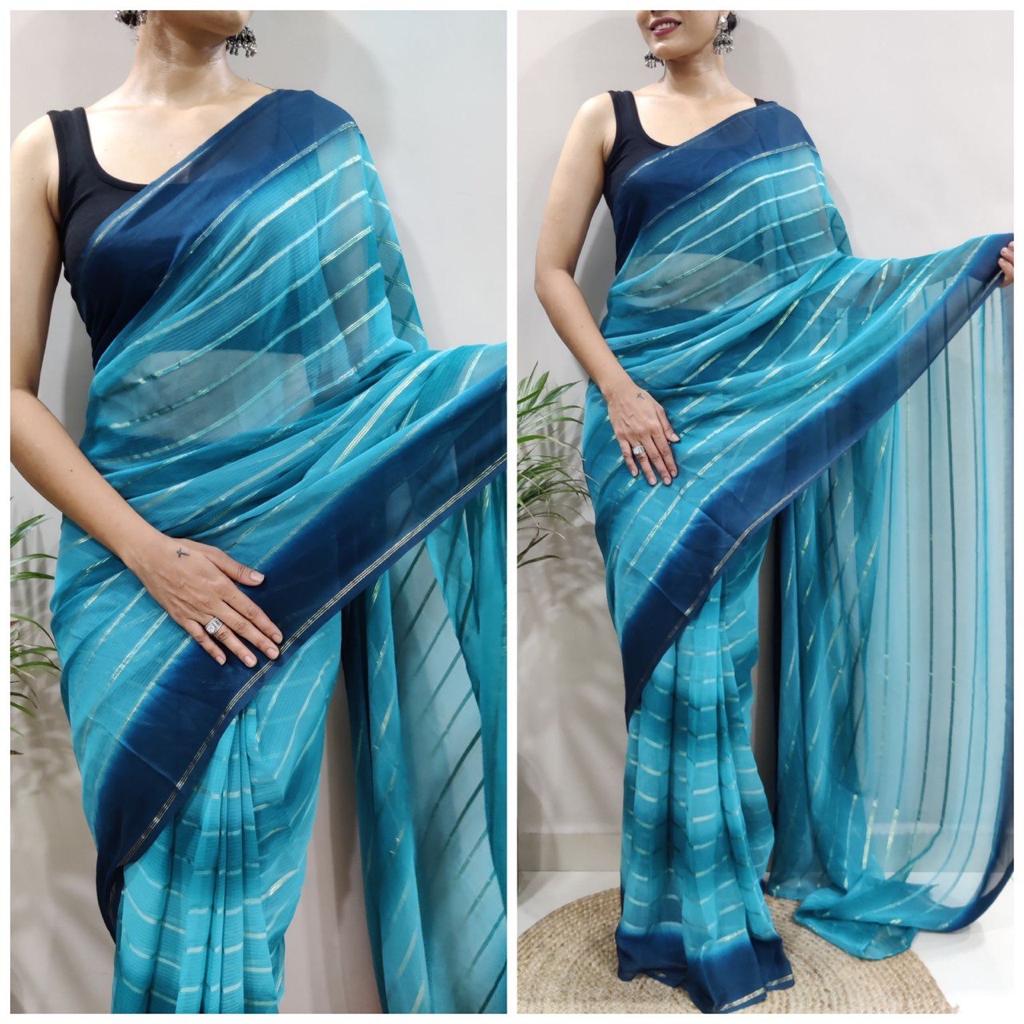 Striped Design Ready To Wear Sky Blue Color Saree