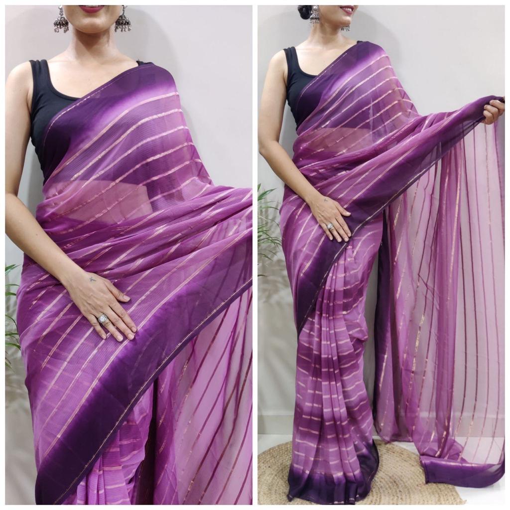 Striped Design Ready To Wear Purple Color Saree