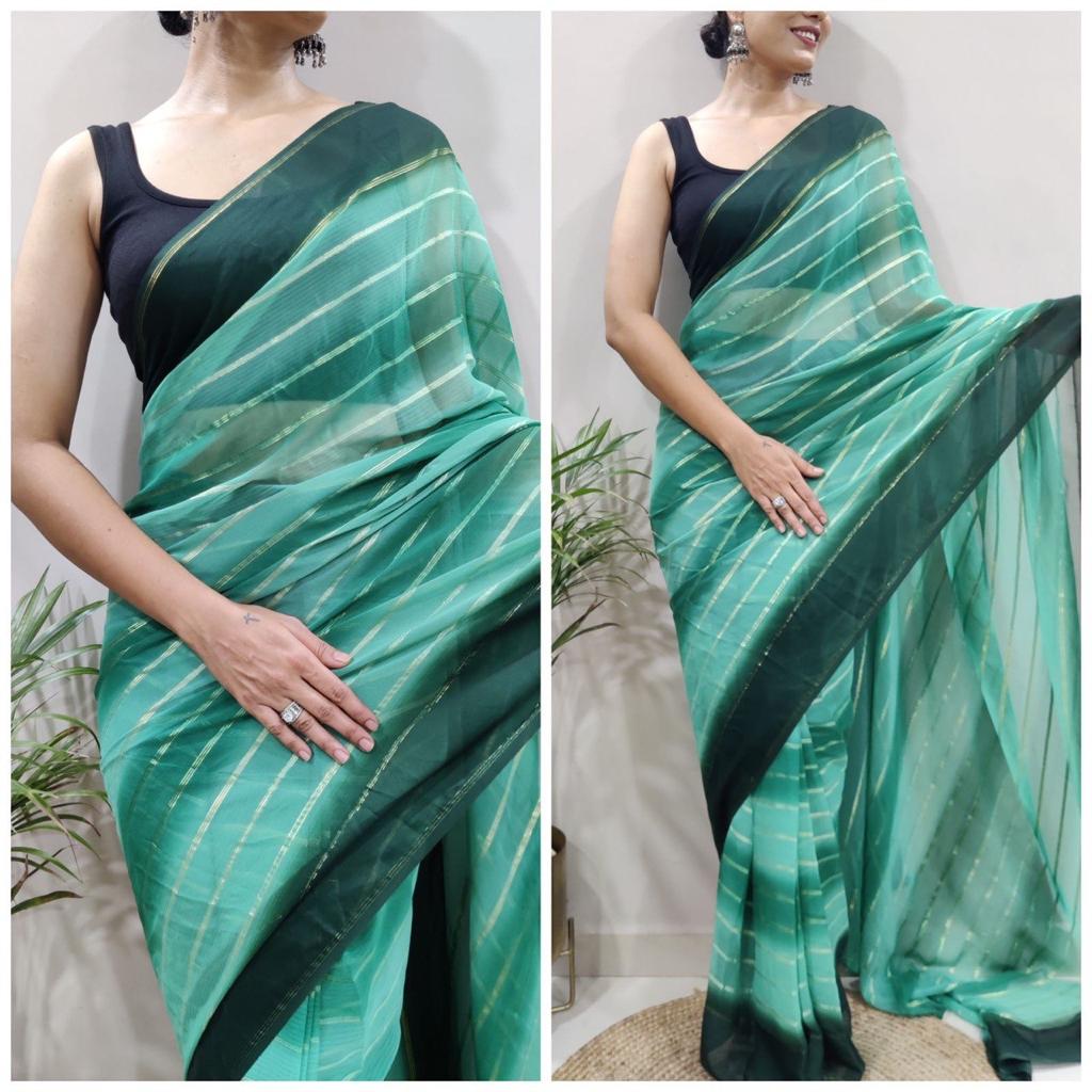 Striped Design Ready To Wear Green Color Saree