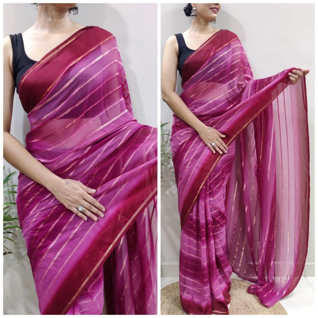 Striped Design Ready To Wear Pink Color Saree