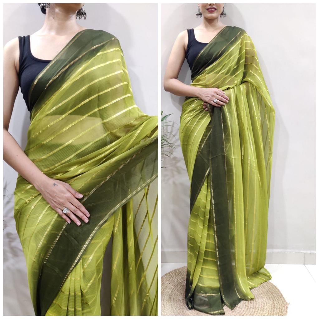 Striped Design Ready To Wear Mehndi Color Saree