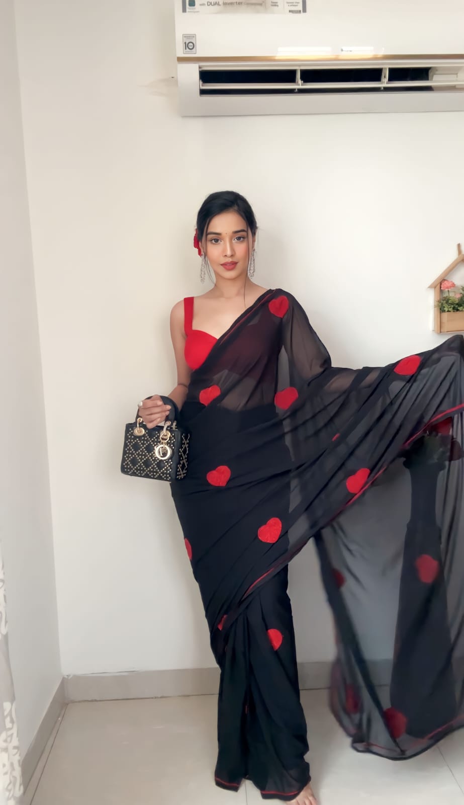 Trendy Black Color Heart Design Ready To Wear Saree