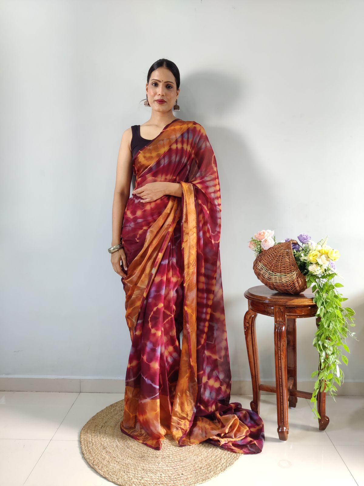 Innovative Maroon Color Ready To Wear Shibori Printed Saree