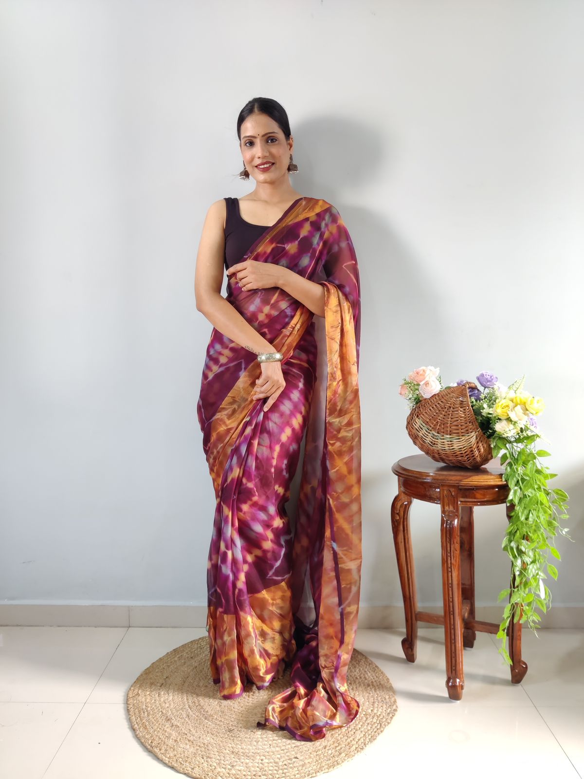 Innovative Wine Color Ready To Wear Shibori Printed Saree