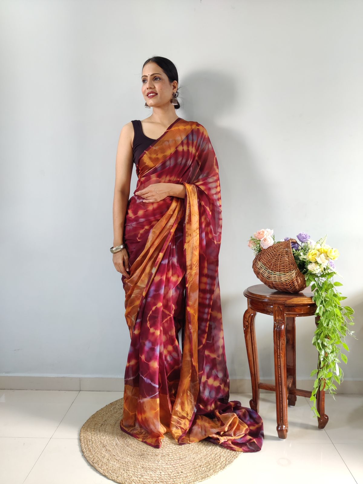 Innovative Maroon Color Ready To Wear Shibori Printed Saree