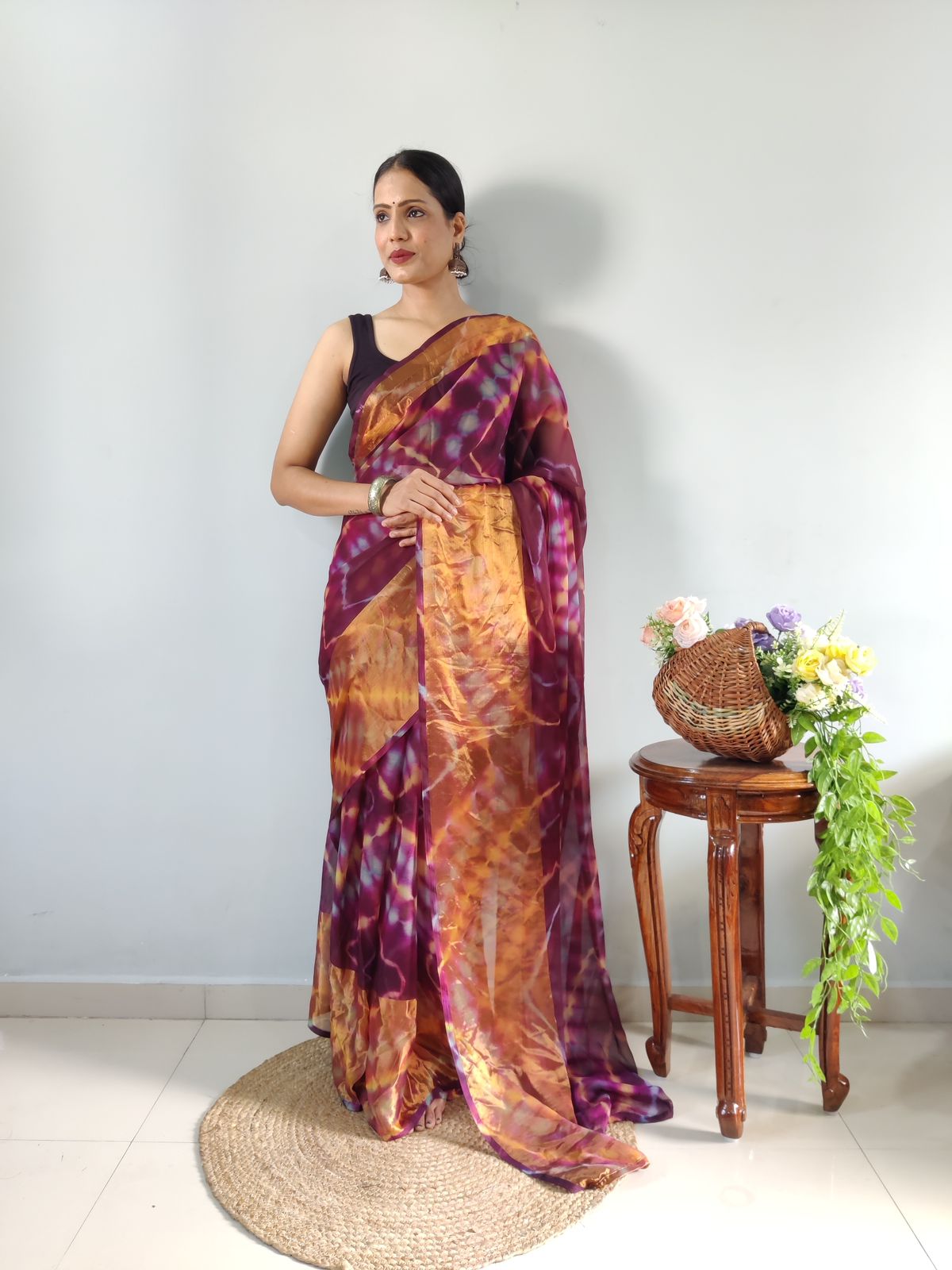 Innovative Wine Color Ready To Wear Shibori Printed Saree