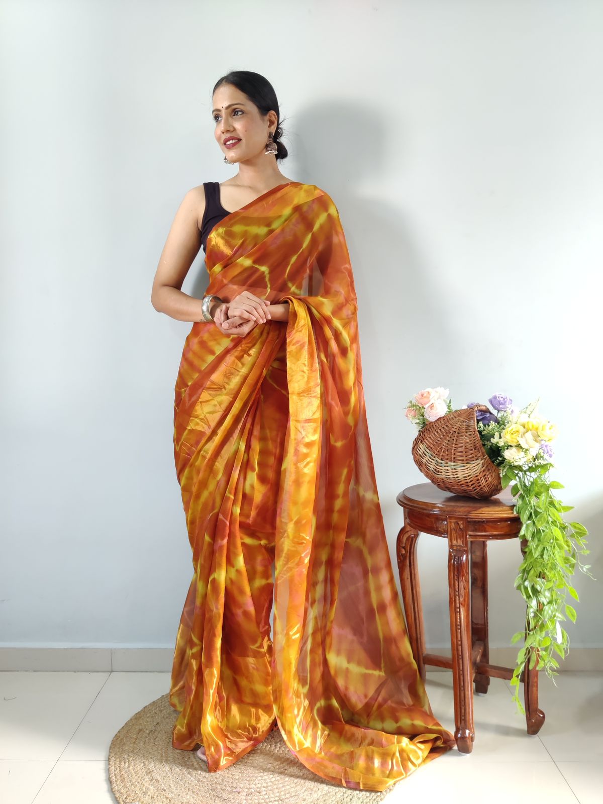 Innovative Mustard Color Ready To Wear Shibori Printed Saree