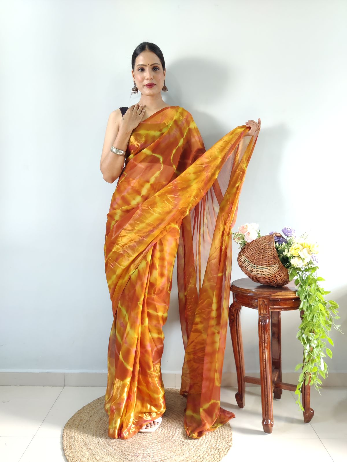 Innovative Mustard Color Ready To Wear Shibori Printed Saree