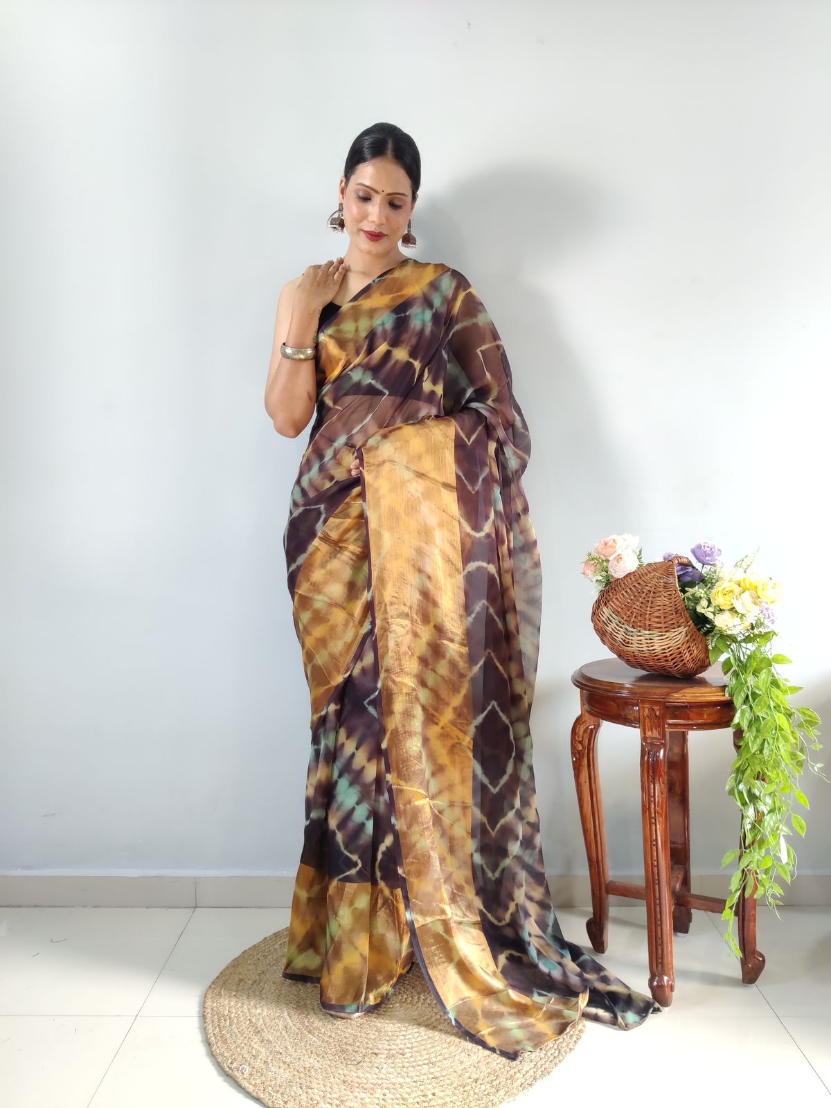 Innovative Brown Color Ready To Wear Shibori Printed Saree