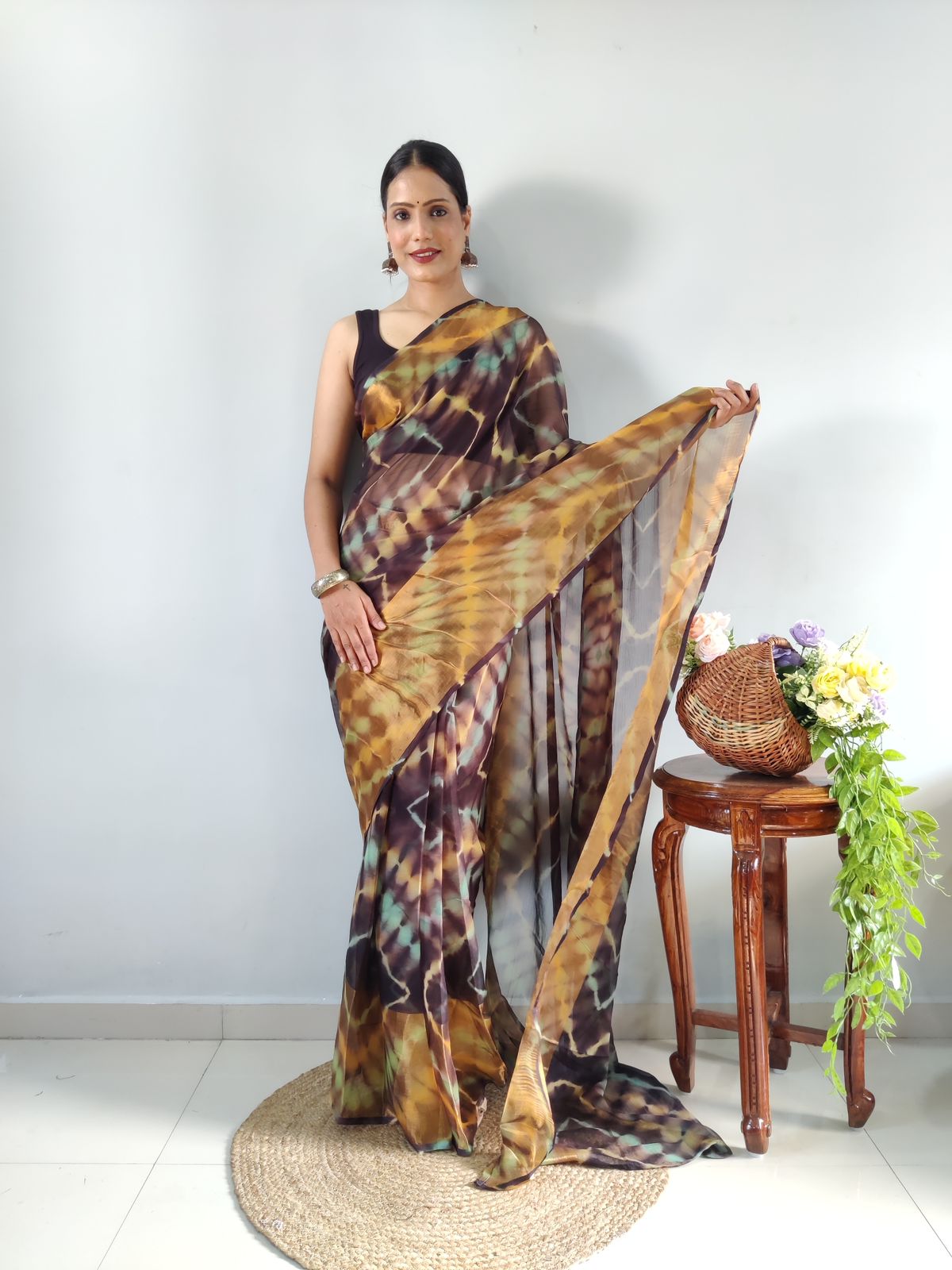 Innovative Brown Color Ready To Wear Shibori Printed Saree