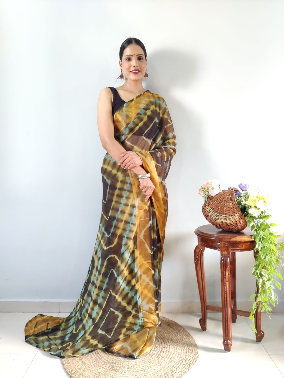 Innovative Black Color Ready To Wear Shibori Printed Saree