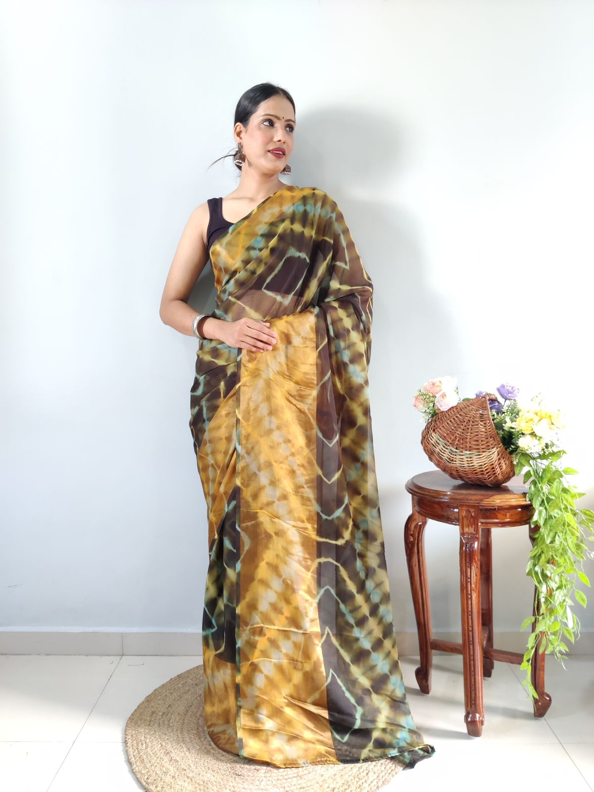 Innovative Black Color Ready To Wear Shibori Printed Saree