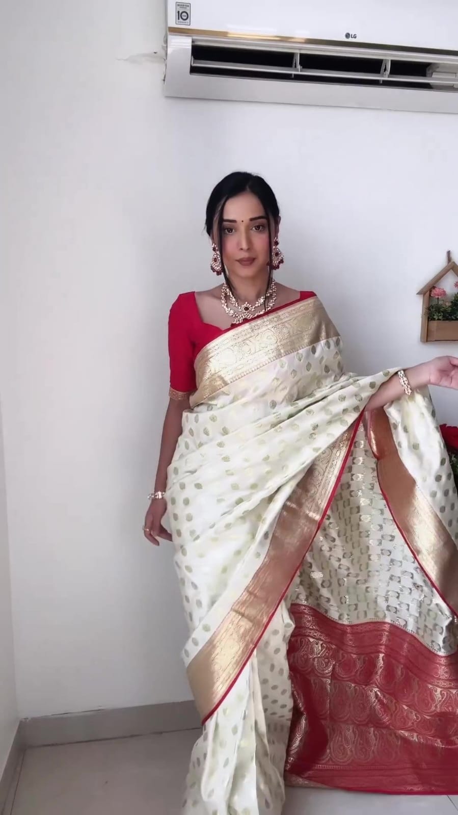 Wedding Wear White And Red Color Ready To Wear Saree