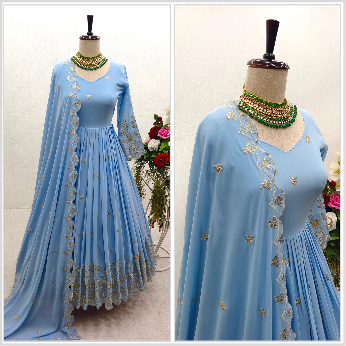 Sky Blue Color Embroidery Work Georgette Gown