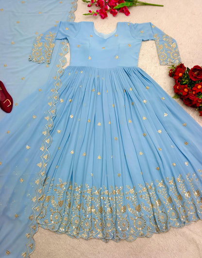 Sky Blue Color Embroidery Work Georgette Gown