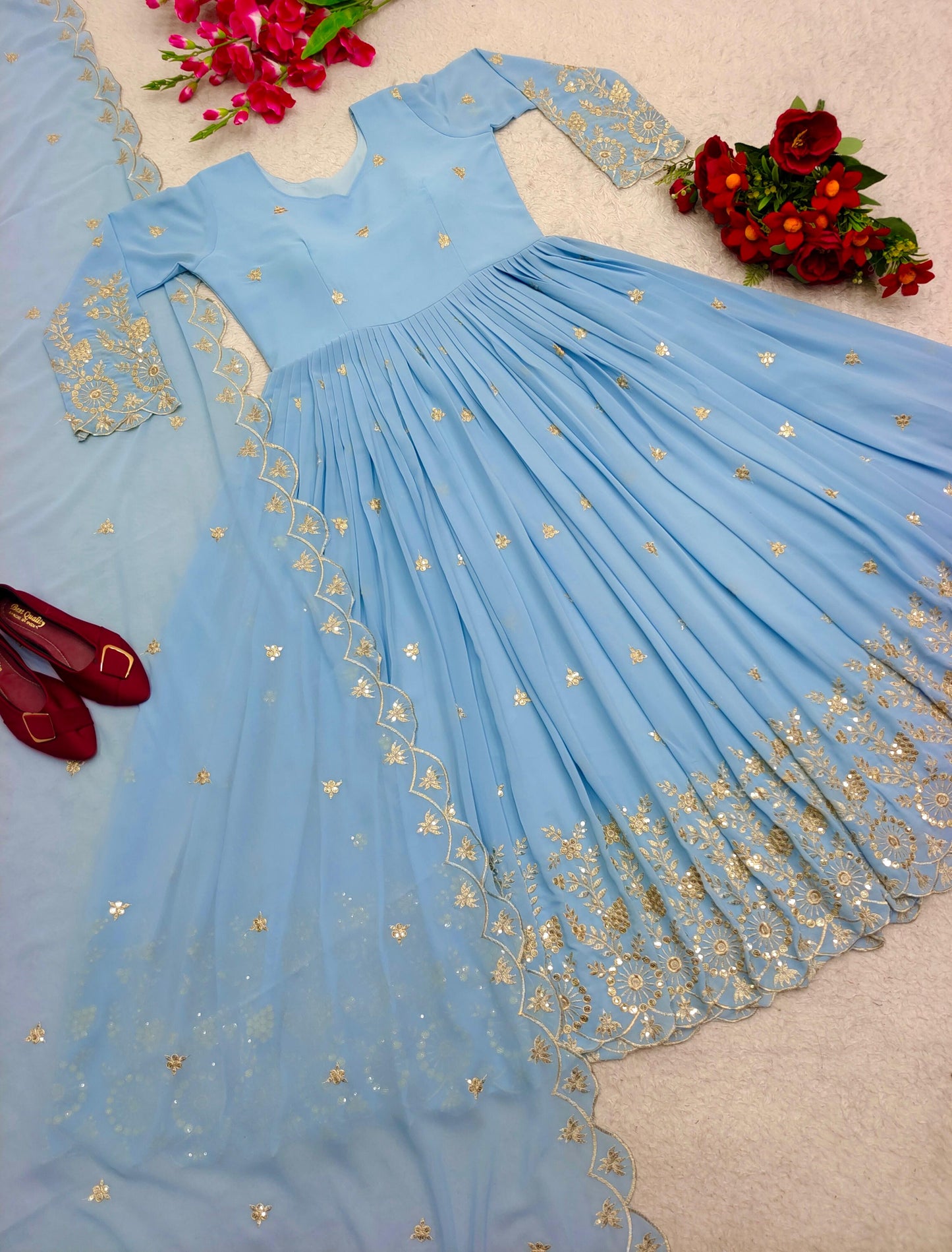 Sky Blue Color Embroidery Work Georgette Gown