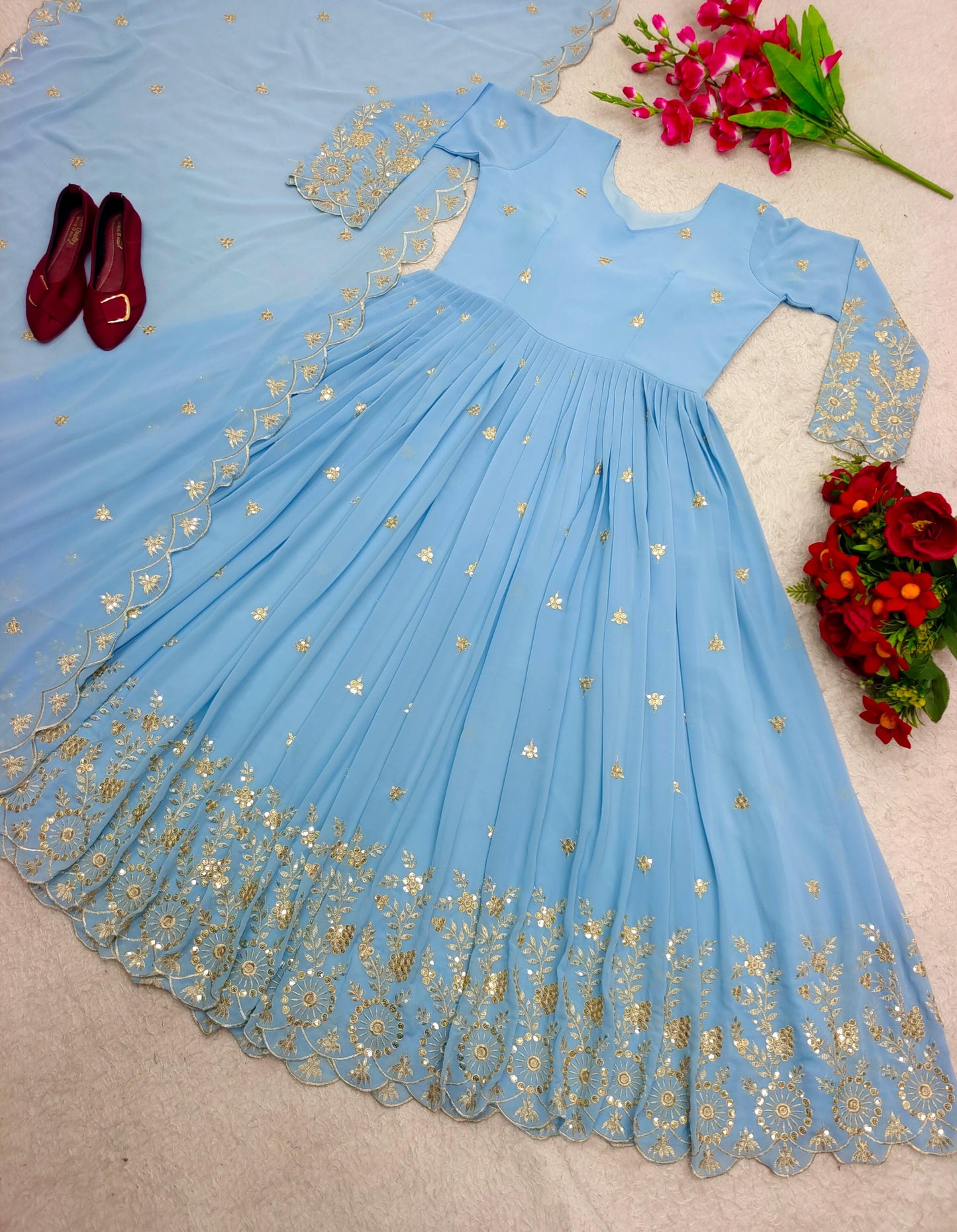 Sky Blue Color Embroidery Work Georgette Gown