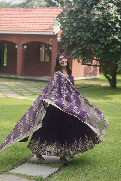 Lovely Purple Long Gown With Embroidery Work Dupatta