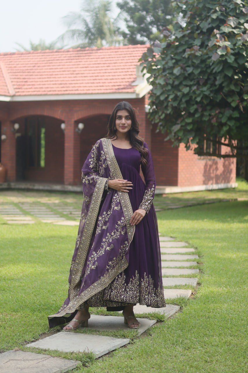 Lovely Purple Long Gown With Embroidery Work Dupatta