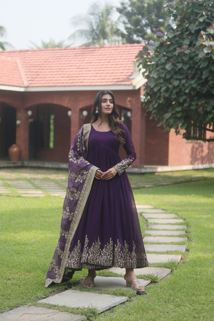 Lovely Purple Long Gown With Embroidery Work Dupatta