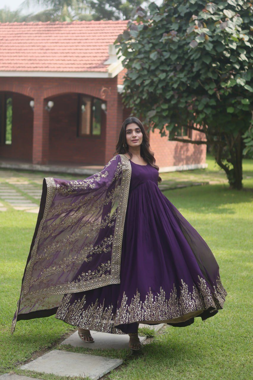 Lovely Purple Long Gown With Embroidery Work Dupatta