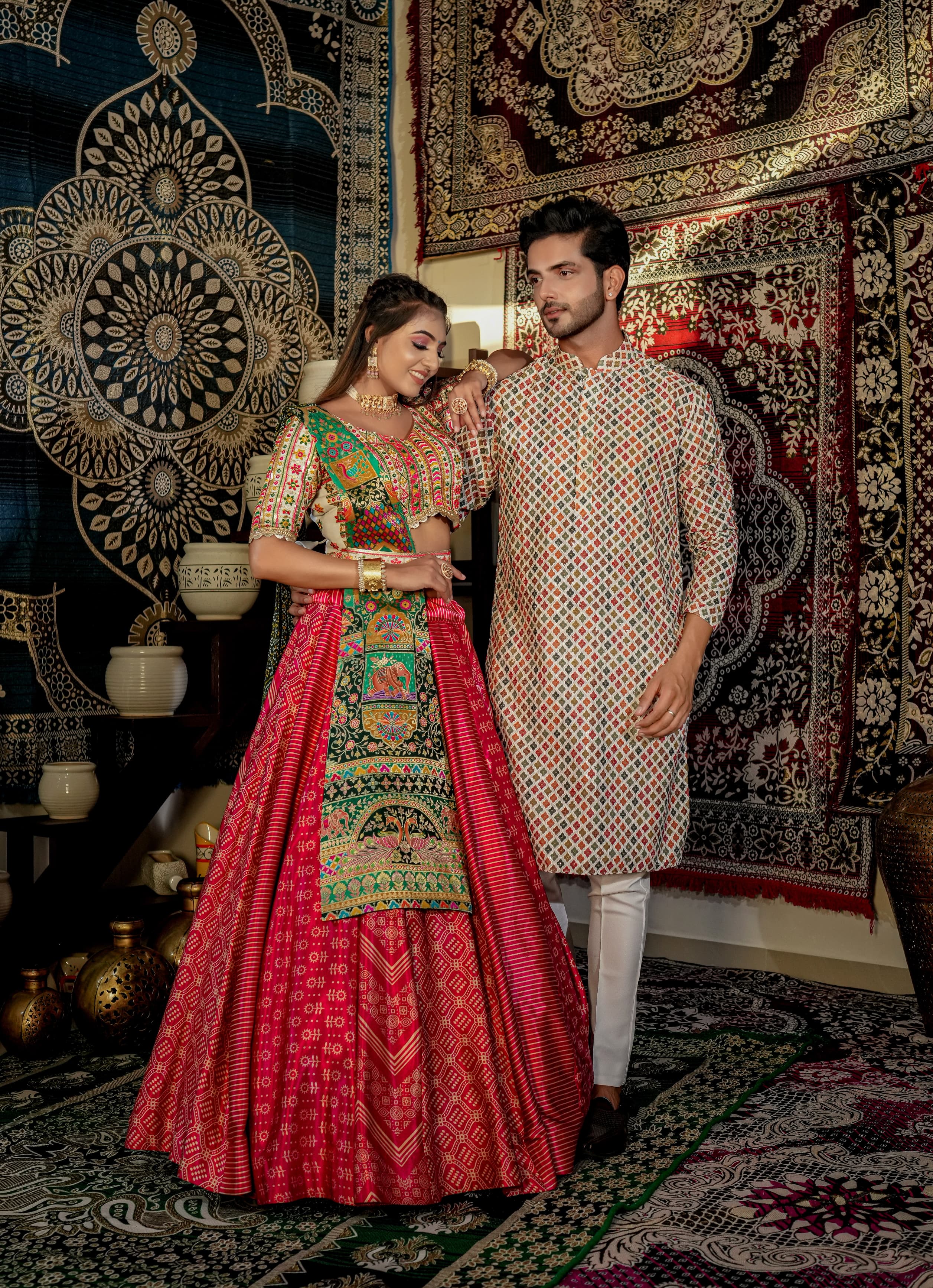 Festive Wear Pink Digital Print Lehenga Choli and Kurta Set Couple Combo