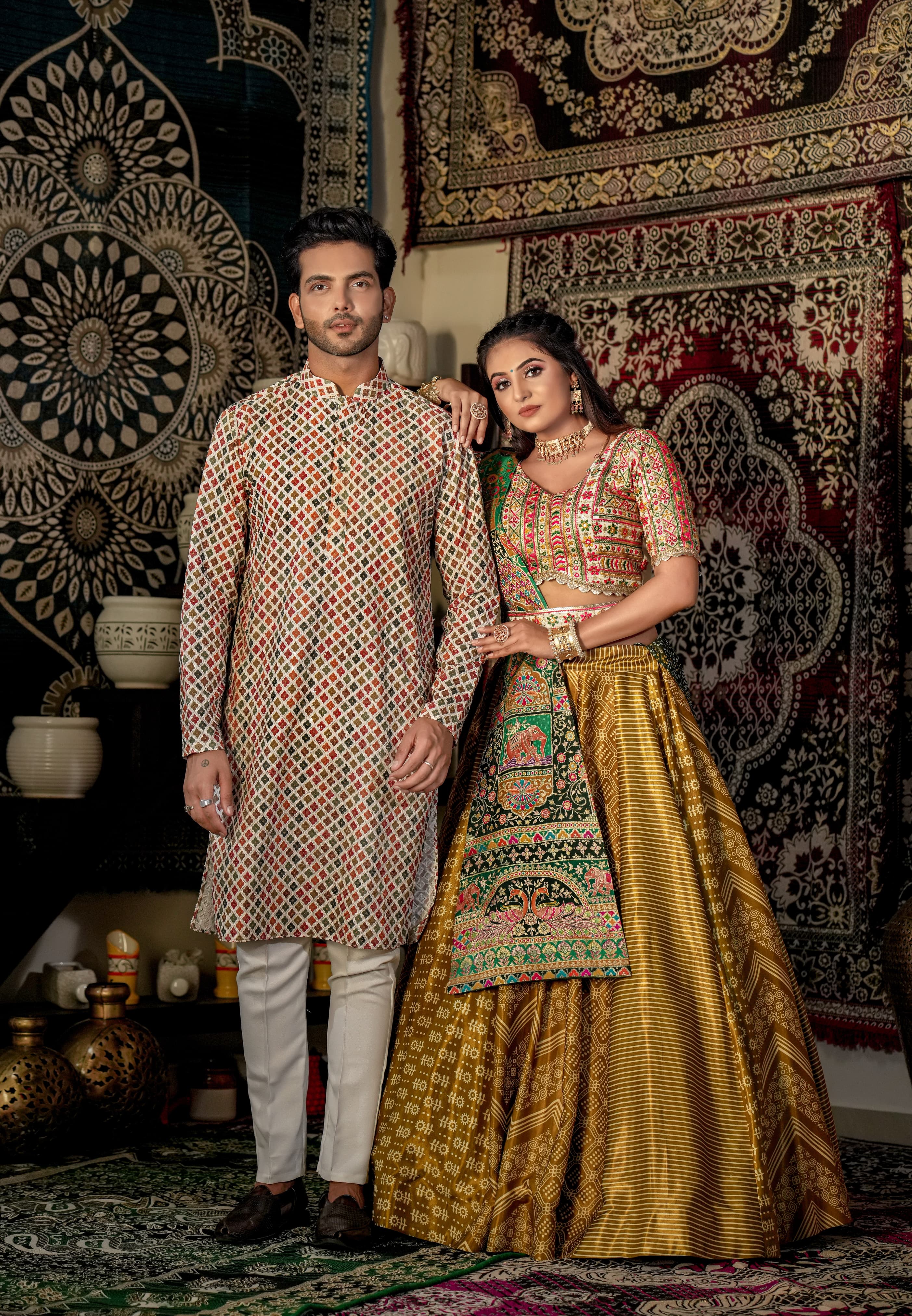 Readymade Couple Wear Cream Lehenga Choli And Kurta Payjama Set