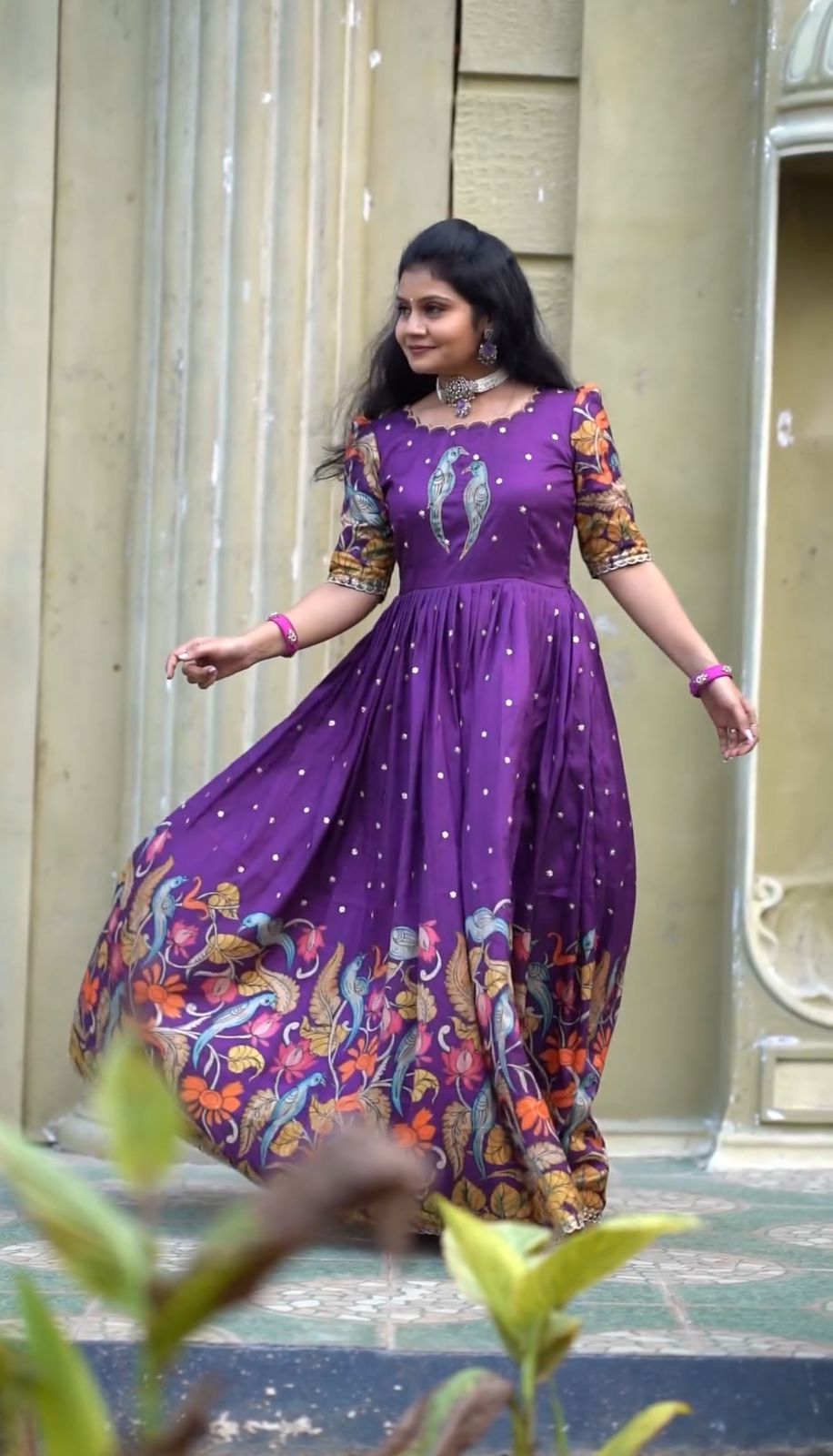 Awesome Multi Color Kalamkari Print Purple Long Gown