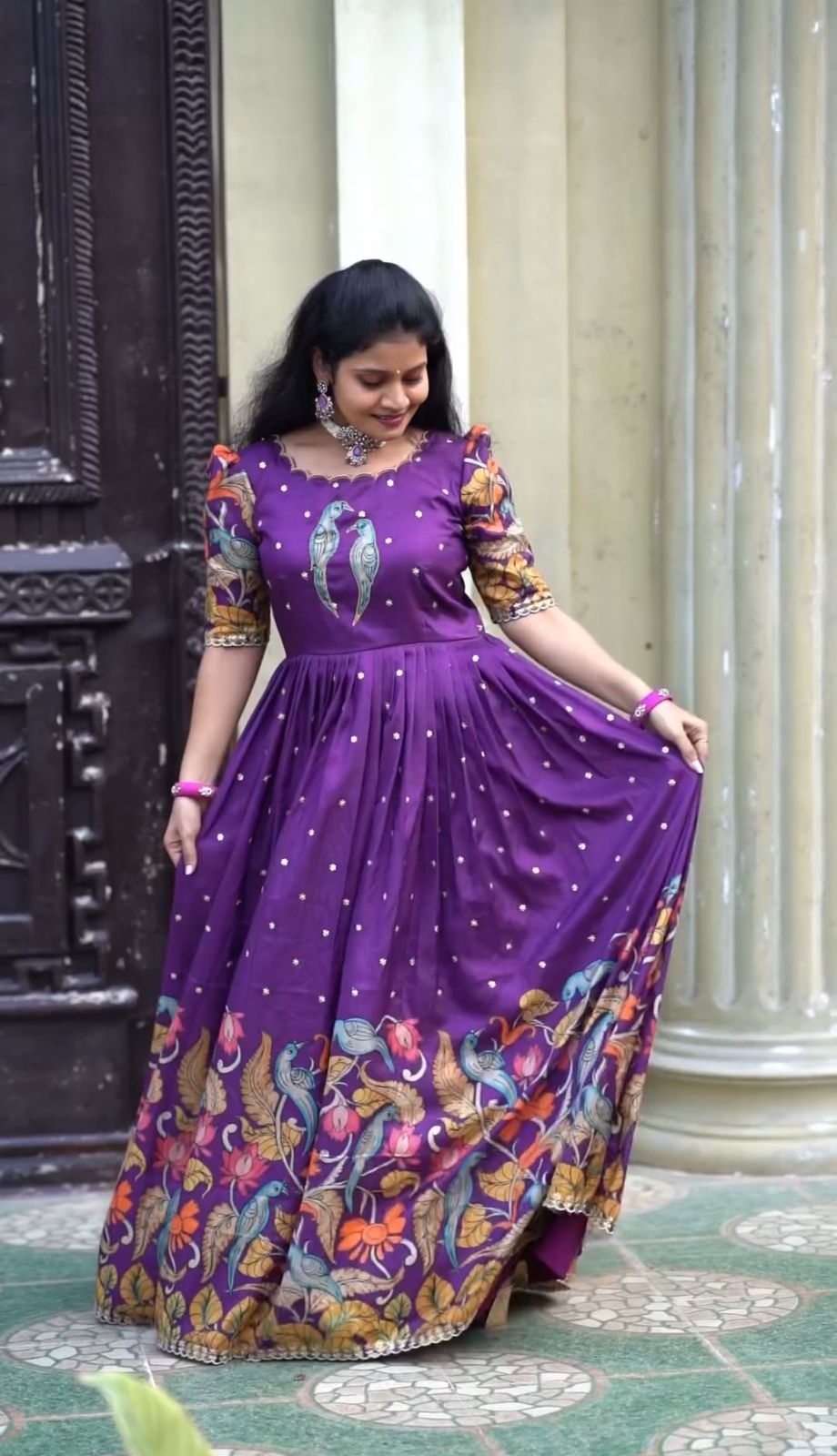 Awesome Multi Color Kalamkari Print Purple Long Gown