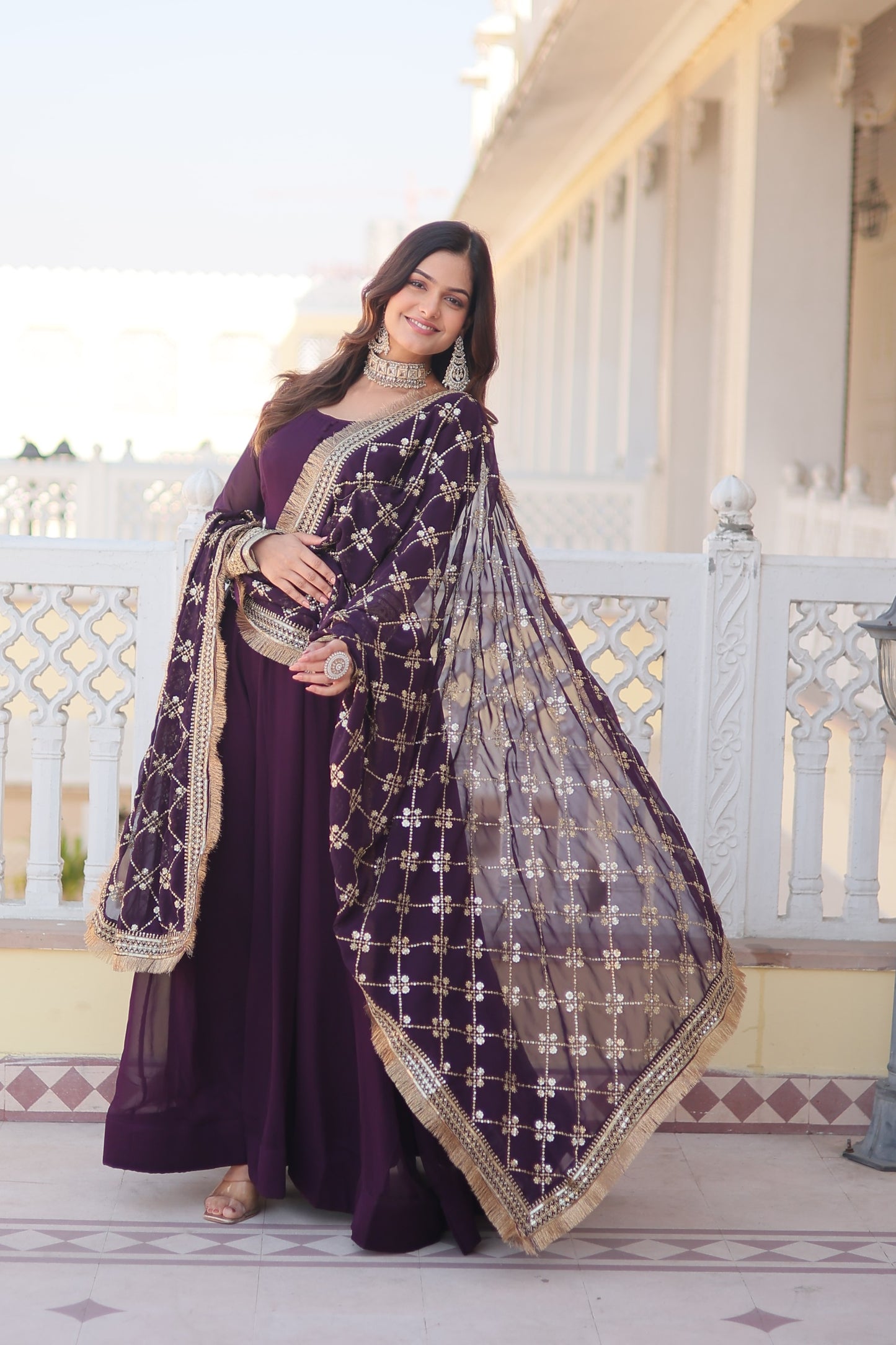 Stunning Work Wine Color Gown With Dupatta