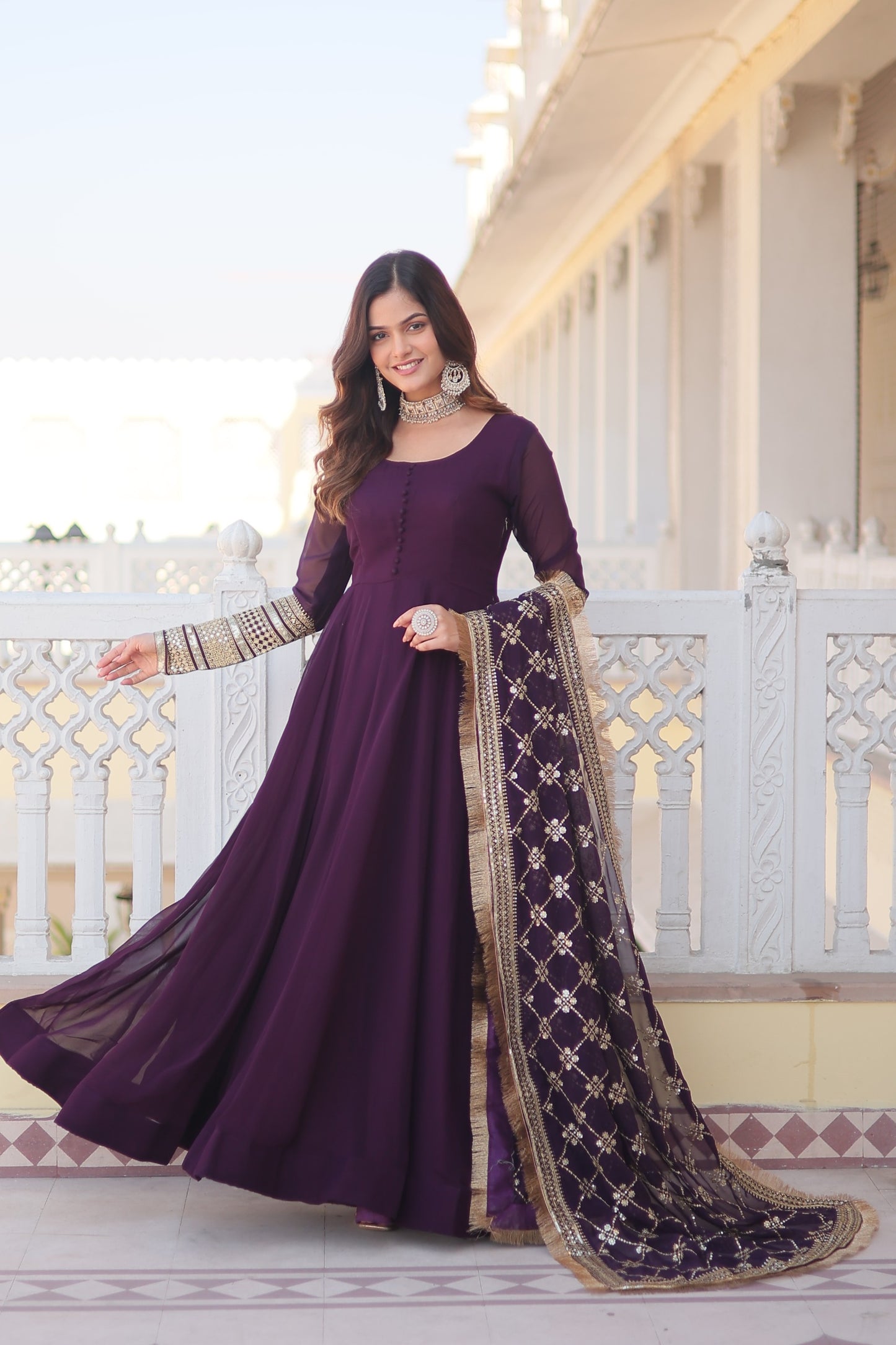 Stunning Work Wine Color Gown With Dupatta