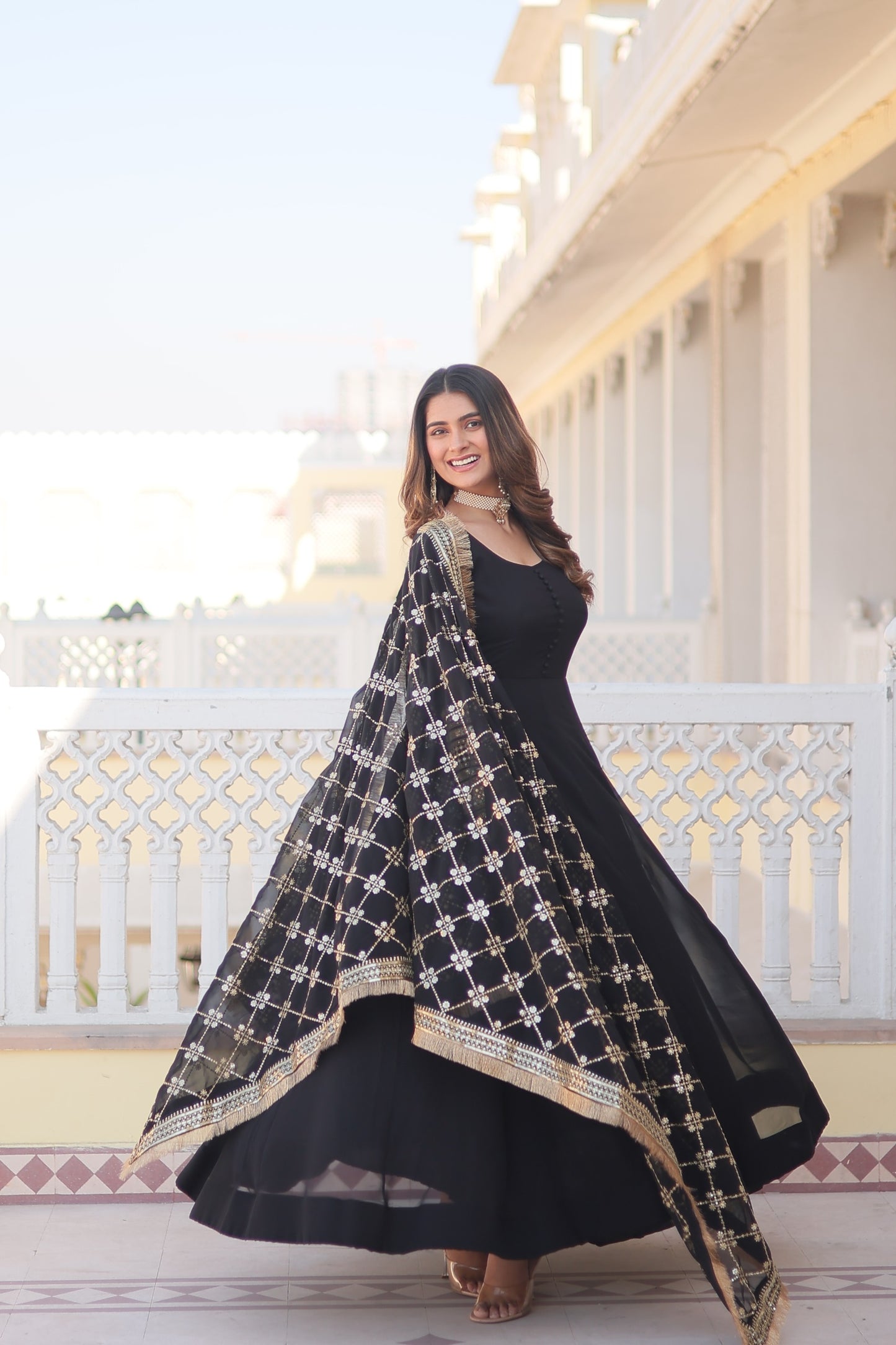 Stunning Work Black Color Gown With Dupatta