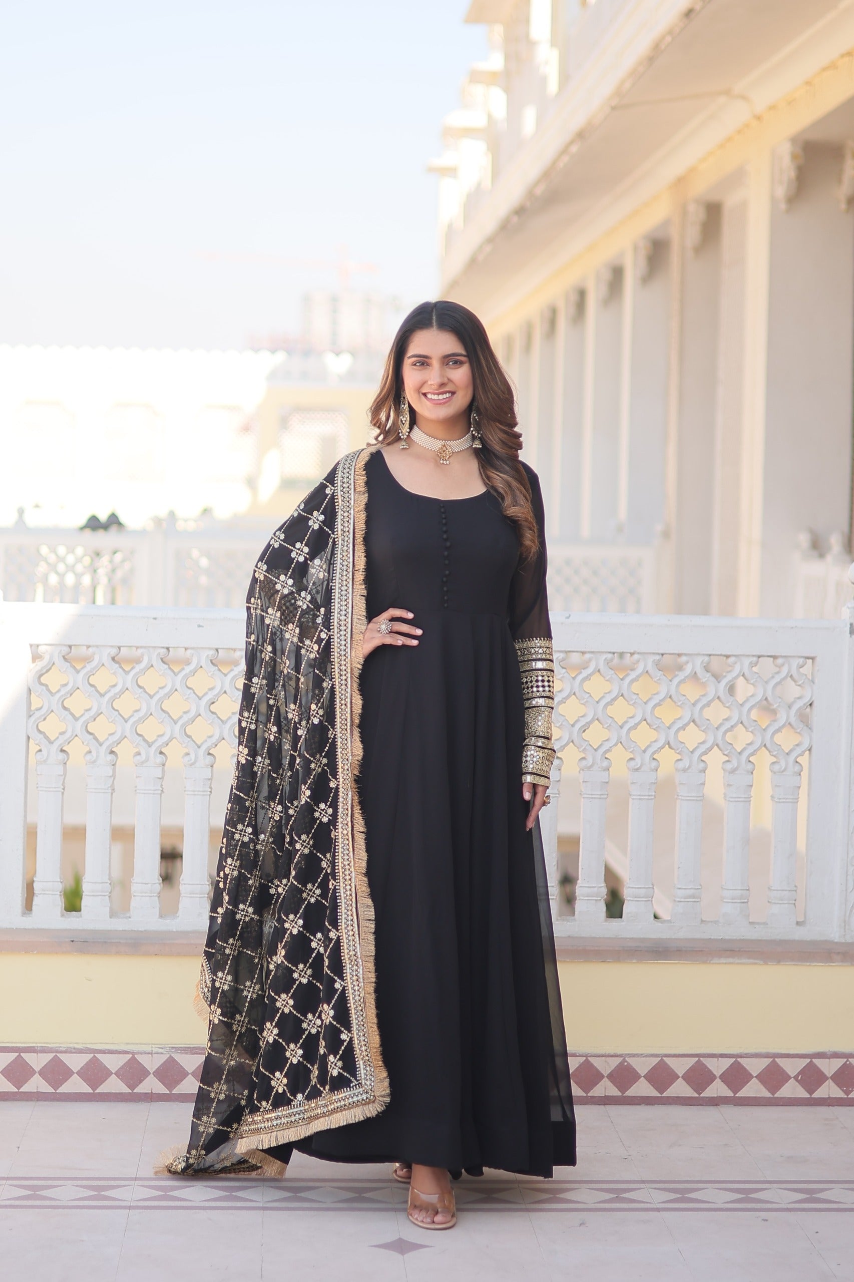 Stunning Work Black Color Gown With Dupatta