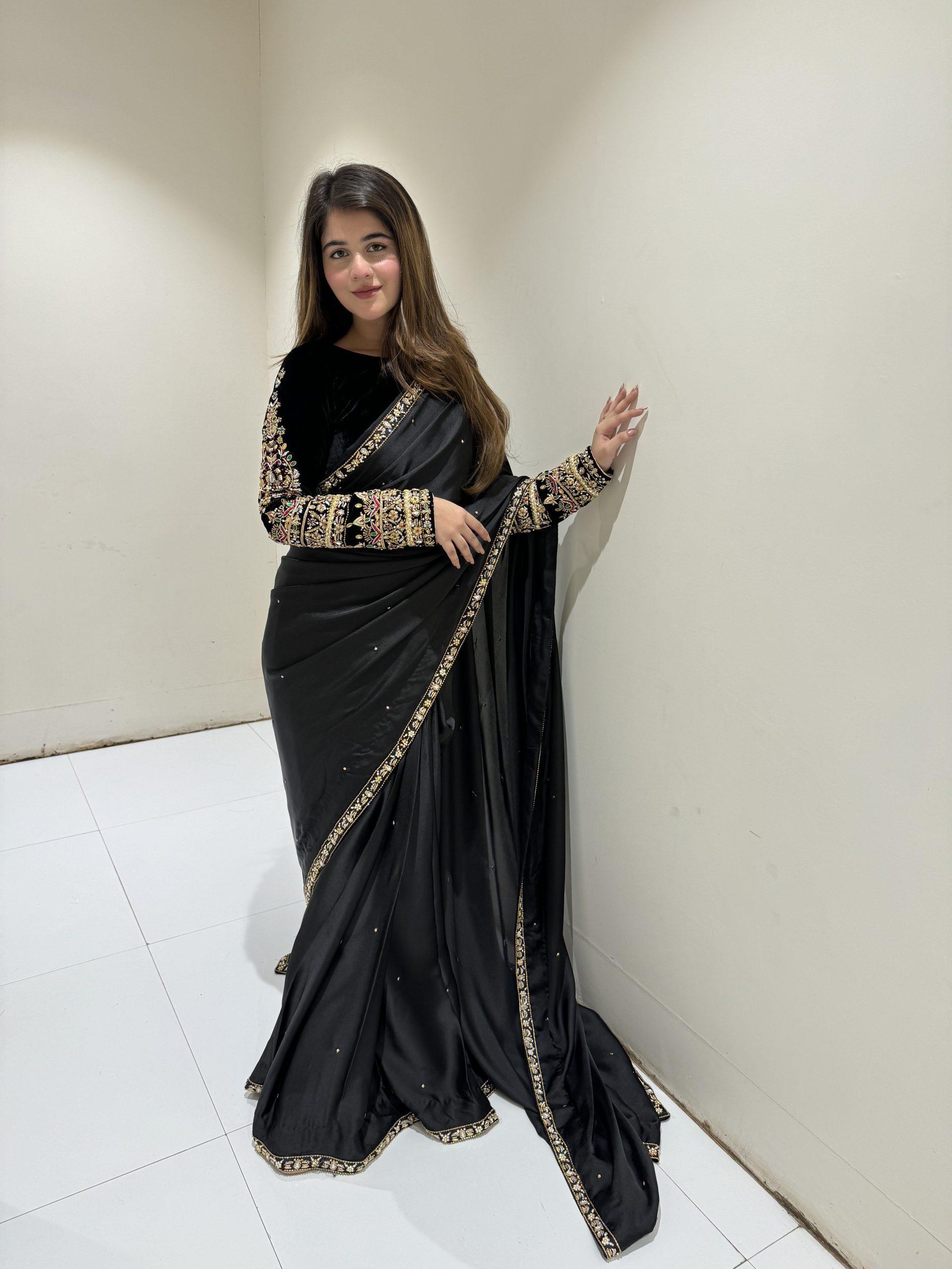 Party Wear Fancy Lace Border Black Color Moti Work Saree