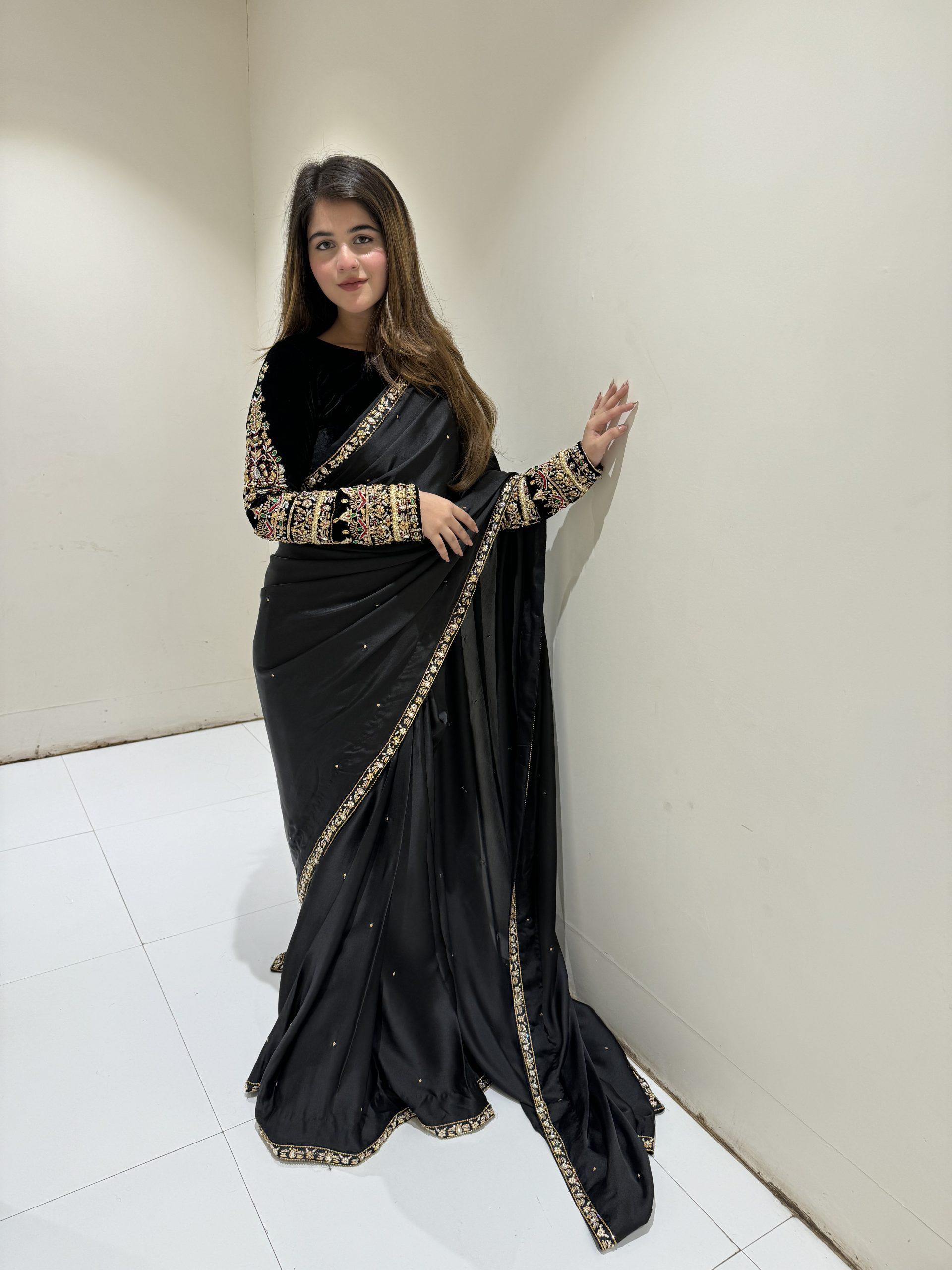 Party Wear Fancy Lace Border Black Color Moti Work Saree