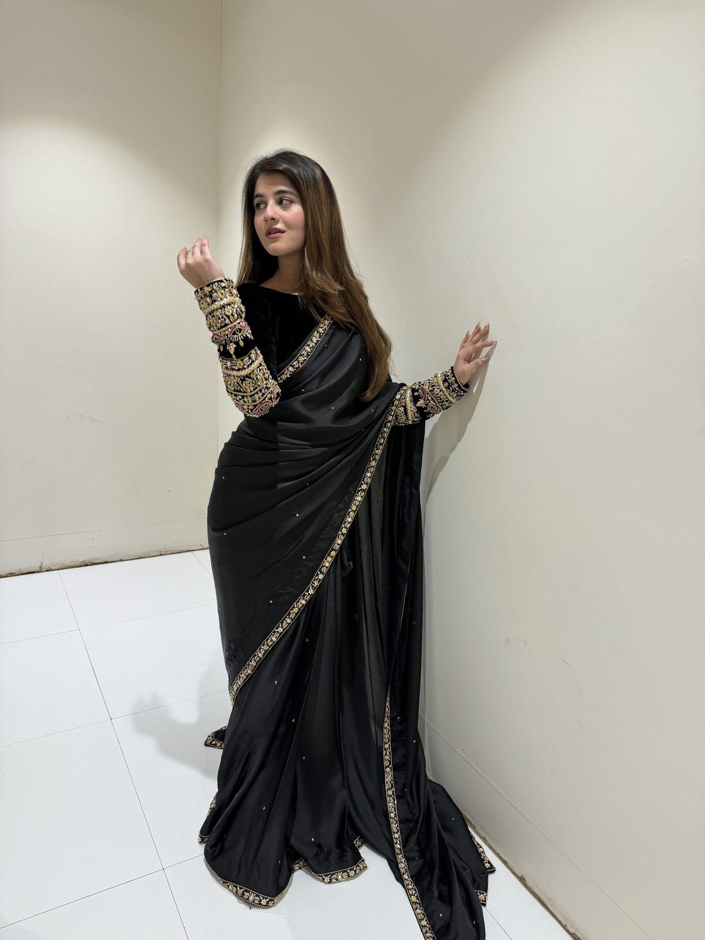 Party Wear Fancy Lace Border Black Color Moti Work Saree