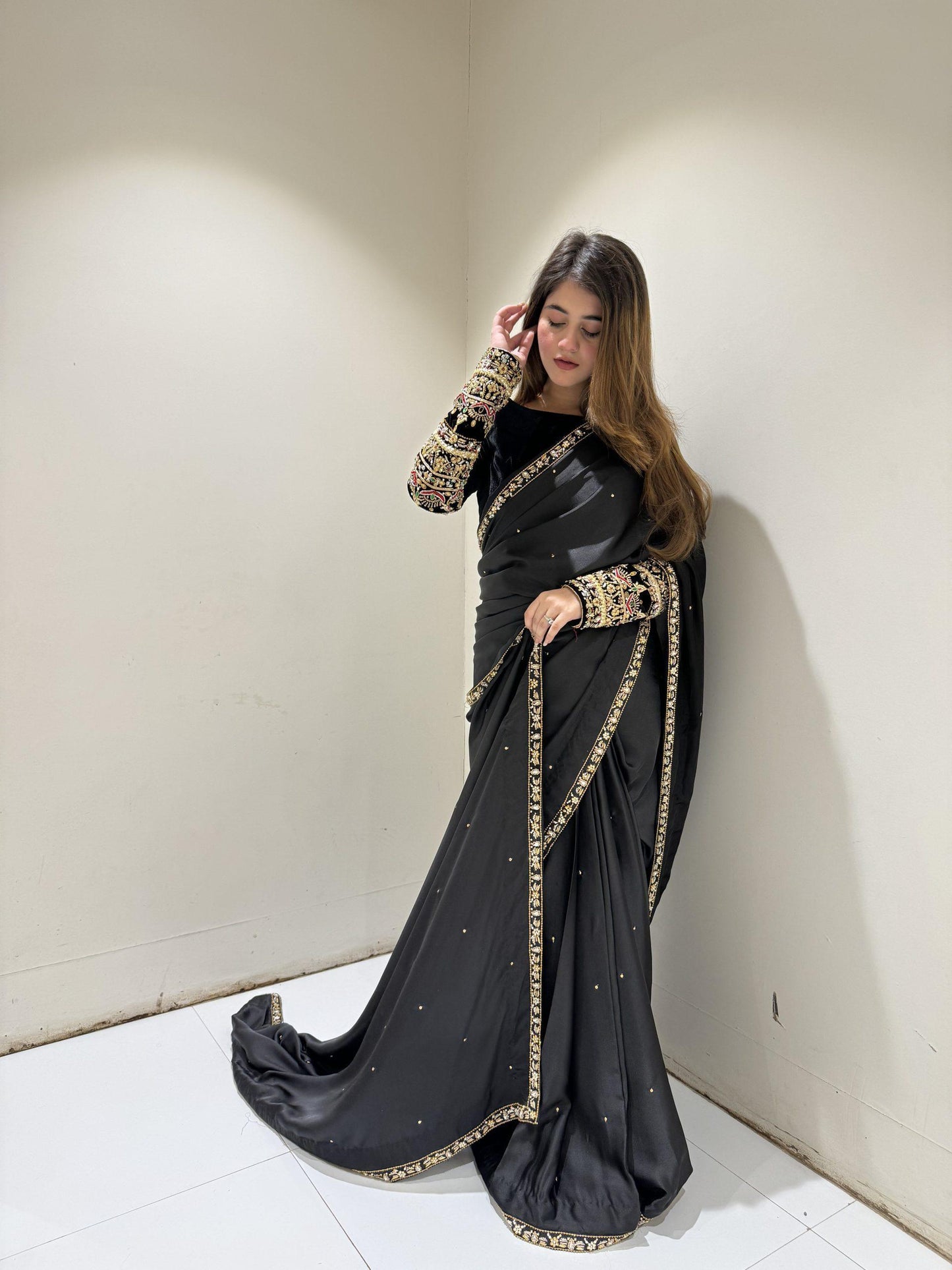 Party Wear Fancy Lace Border Black Color Moti Work Saree