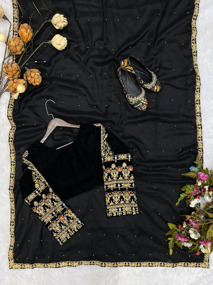 Party Wear Fancy Lace Border Black Color Moti Work Saree