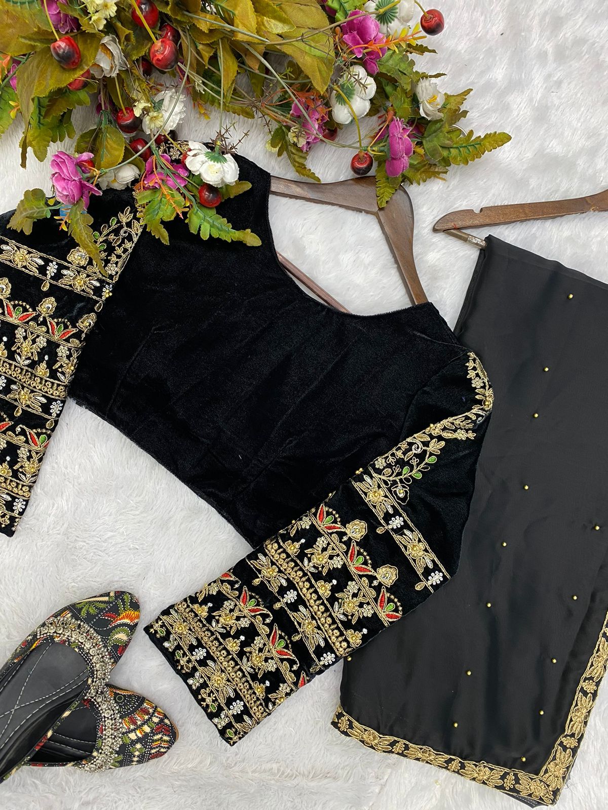 Party Wear Fancy Lace Border Black Color Moti Work Saree