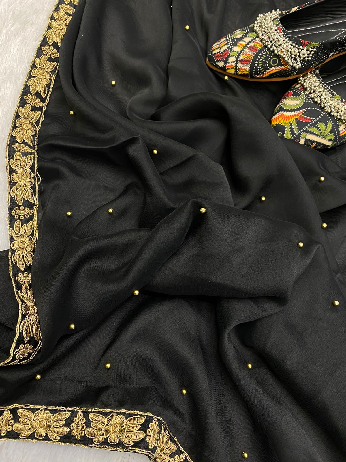 Party Wear Fancy Lace Border Black Color Moti Work Saree