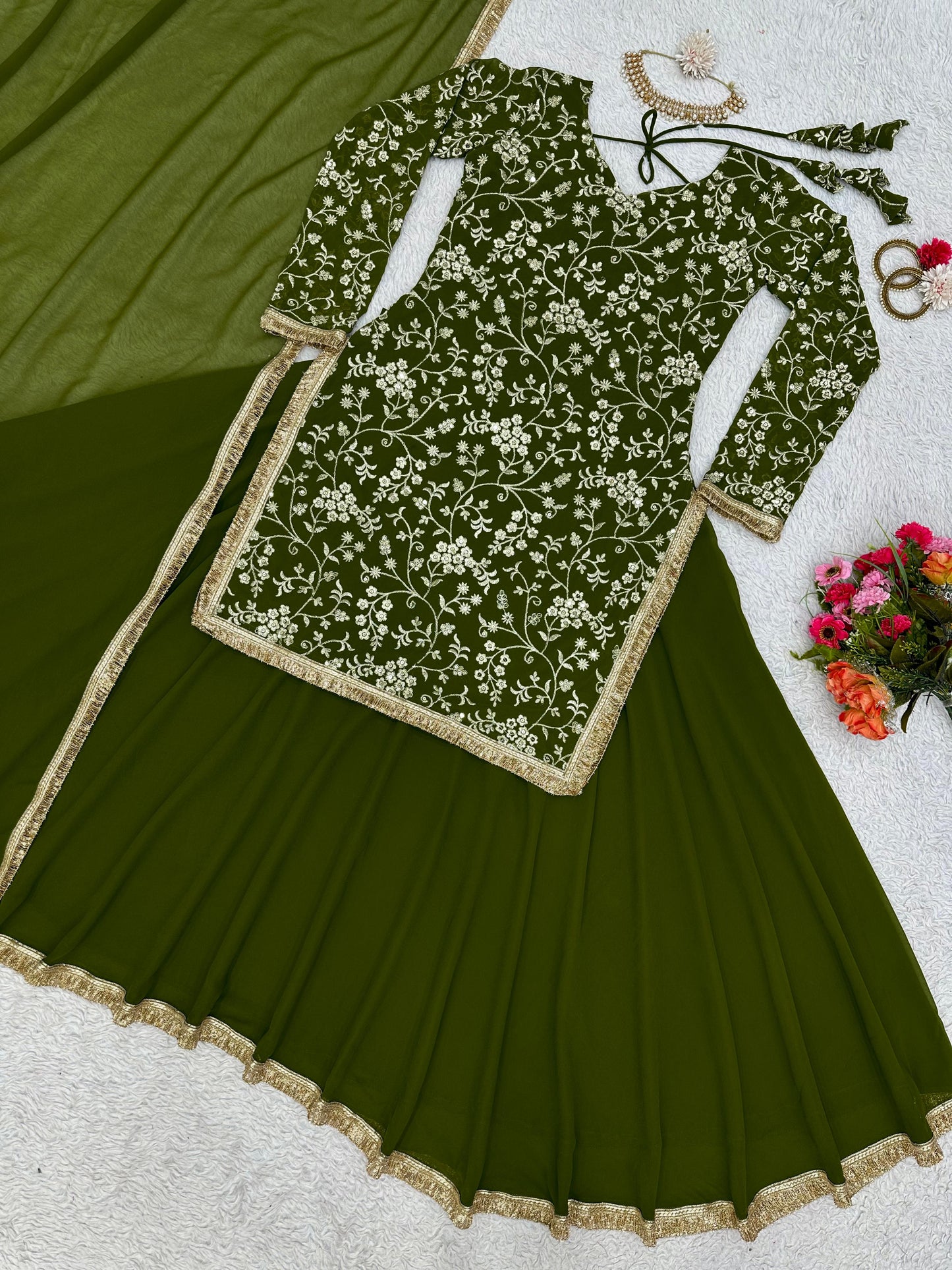 Mehndi Color Thread Work Top With Plain Lehenga