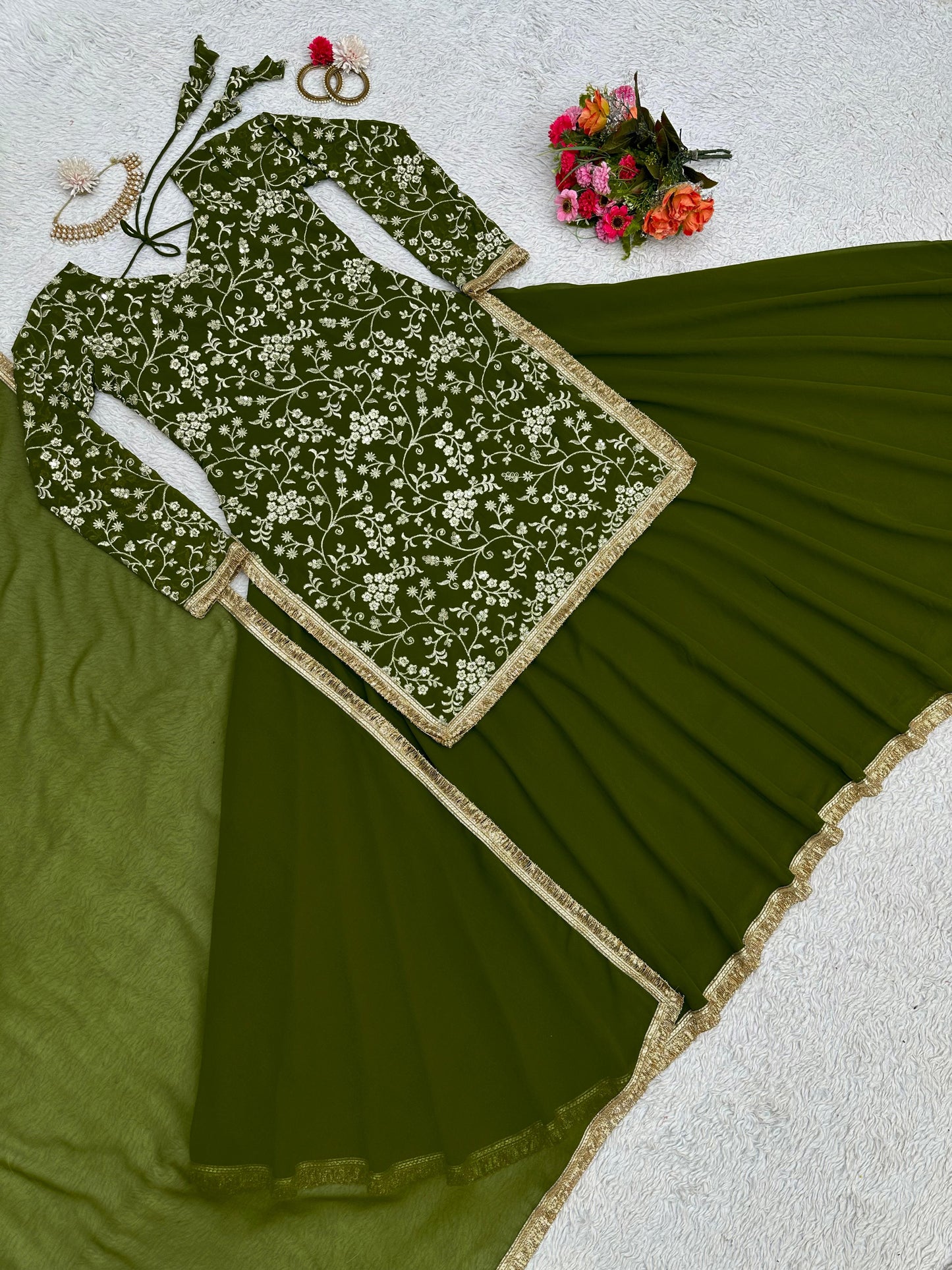 Mehndi Color Thread Work Top With Plain Lehenga