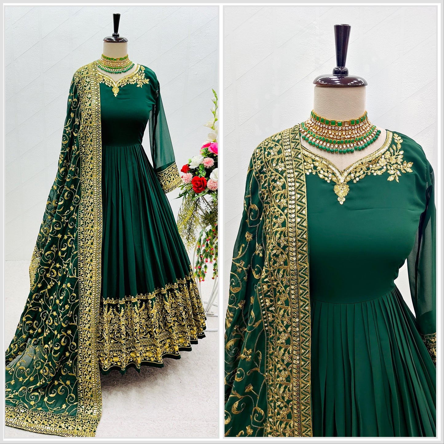 Innovative Green Color Sequence Embroidery Work Gown