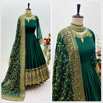 Innovative Green Color Sequence Embroidery Work Gown