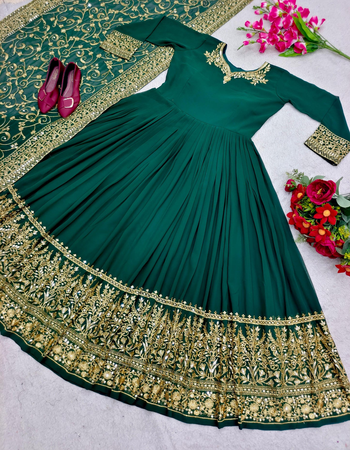 Innovative Green Color Sequence Embroidery Work Gown