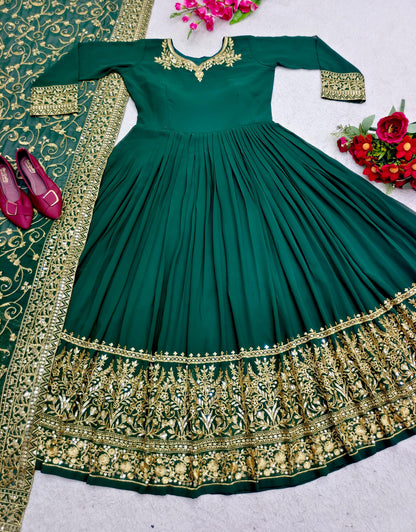 Innovative Green Color Sequence Embroidery Work Gown